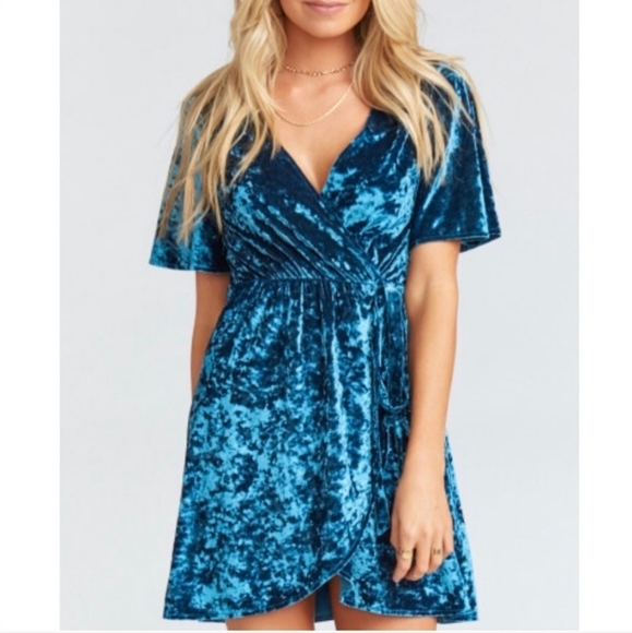 Show Me Your MuMu Velvet Short Sleeve Wrap Mini Dress Size XS Teal Blue USA - Picture 1 of 4